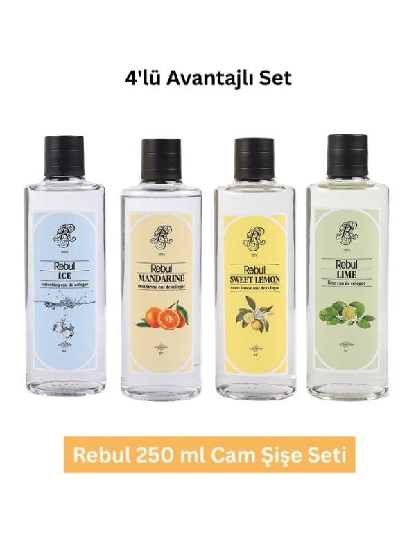 Rebul 250 ml Cam Şişe Kolonya Seti – Ice, Mandarine, Sweet Lemon, Lime