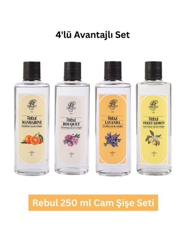 Rebul 250 ml Cam Şişe Kolonya Seti – Bouquet, Mandarine, Lavanda, Sweet Lemon