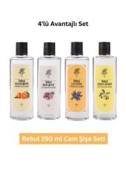 Rebul 250 ml Cam Şişe Kolonya Seti – Bouquet, Mandarine, Lavanda, Sweet Lemon