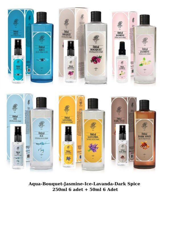 Rebul Aqua, Bouquet, Jasmine, Ice, Lavanda, DarkSpice Cam Şişe 250ml + Sprey Pet Şişe 50ml 6'lı