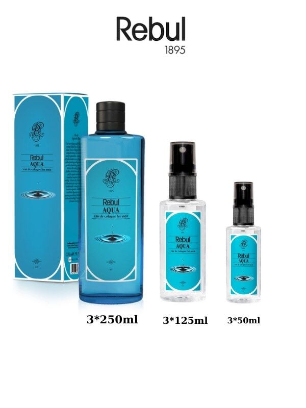 Rebul Aqua Edc Kolonya 250ml Cam Şişeli, 125ml - 50ml Pet Sprey Şişeli 3'lü Set (9 ürün)