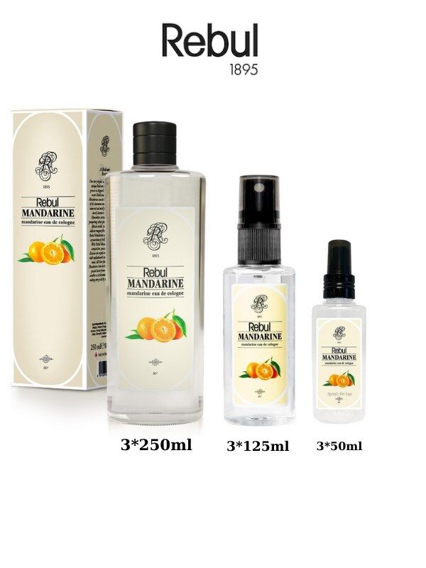 Rebul Mandarine (Mandalina) Edc Kolonya 250ml Cam Şişeli, 125ml - 50ml Pet Sprey Şişeli 3'lü Set