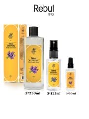 Rebul Lavanda (Lavanta) Edc Kolonya 250ml Cam Şişeli, 125ml - 50ml Pet Sprey Şişeli 3'lü Set
