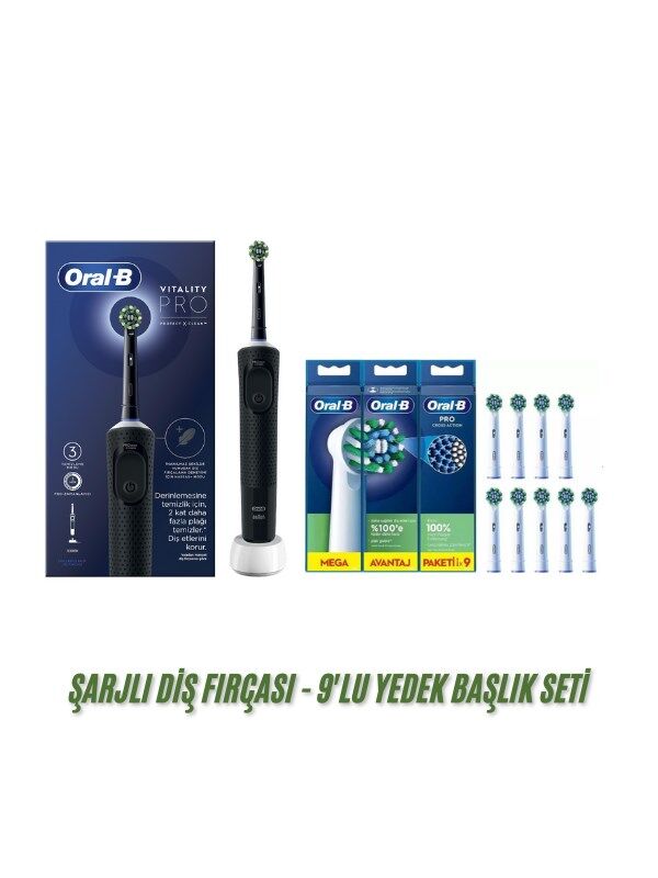 Oral-B D103 Vitality Pro Şarjlı Elektrikli Diş Fırçası Siyah, 9'lu Cross Action Yedek Başlık (Orta)