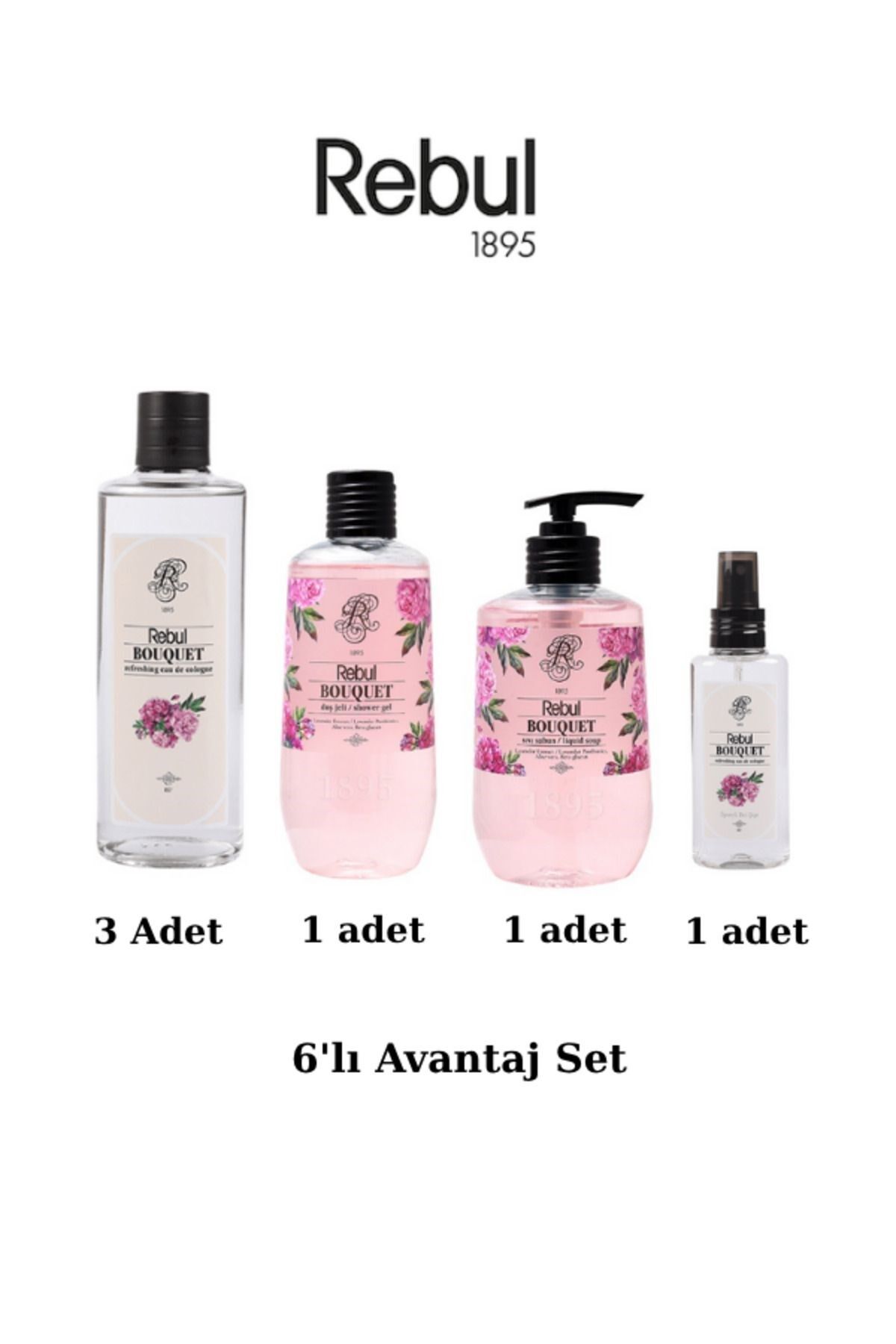 Rebul Bouquet 6’lı Set: 3x250ml Cam Şişeli Kolonya, 500ml Duş Jeli, 500ml Sıvı Sabun, 125ml Sprey
