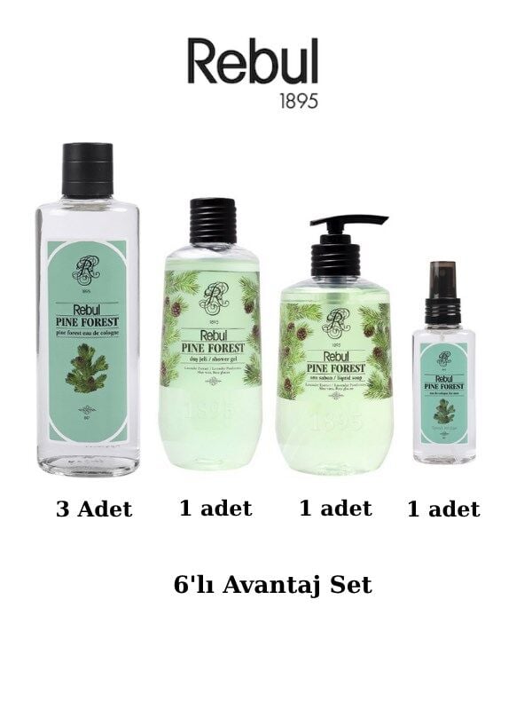 Rebul Pine Forest 6lı Set: 3x250ml Cam Şişeli Kolonya, 500ml Duş Jeli, 500ml Sıvı Sabun, 125ml Sprey