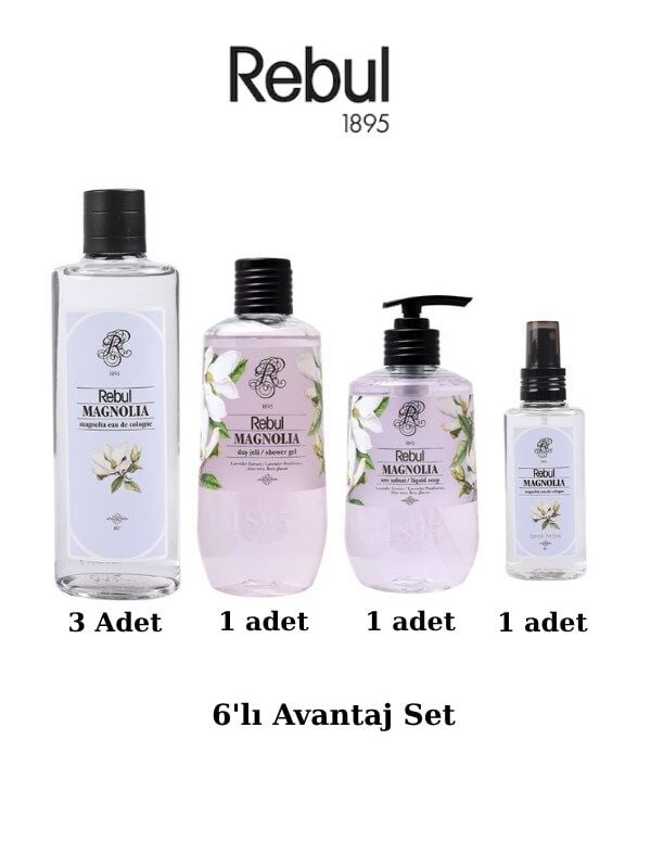 Rebul Magnolia 6’lı Set: 3x250ml Cam Şişeli Kolonya, 500ml Duş Jeli, 500ml Sıvı Sabun, 125ml Sprey