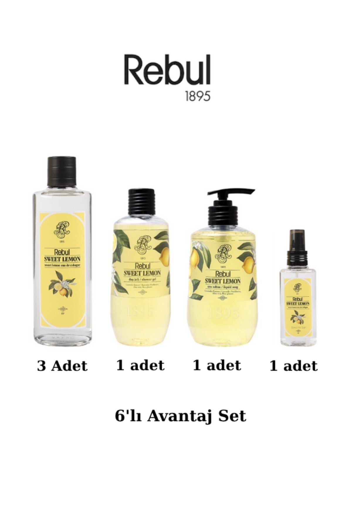 Rebul Sweet Lemon 6lı Set: 3x250ml Cam Şişeli Kolonya, 500ml Duş Jeli, 500ml Sıvı Sabun, 125ml Sprey