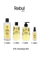 Rebul Sweet Lemon 6lı Set: 3x250ml Cam Şişeli Kolonya, 500ml Duş Jeli, 500ml Sıvı Sabun, 125ml Sprey