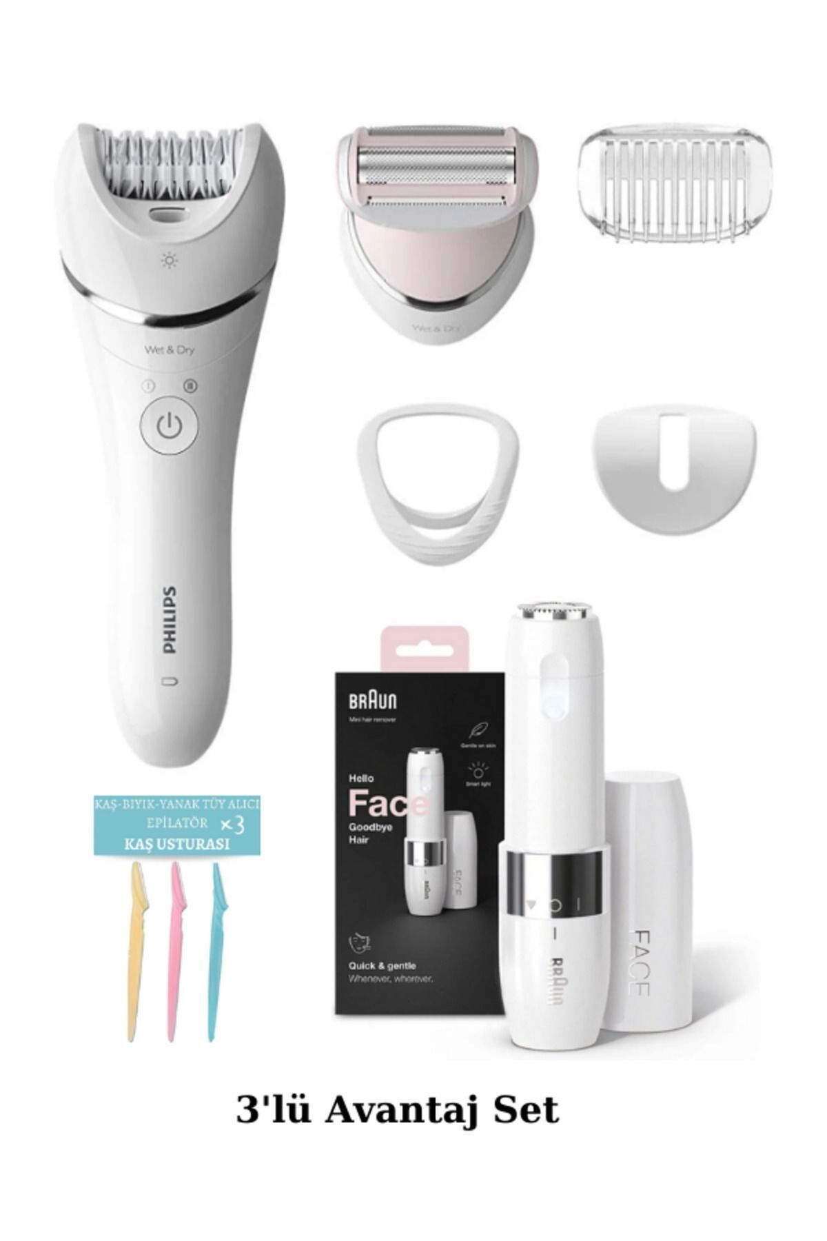 Philips 8000 Bre710 Islak/Kuru Epilasyon Aleti - Braun Tüy Alma Makinesi - Kaş Usturası 3'lü Set