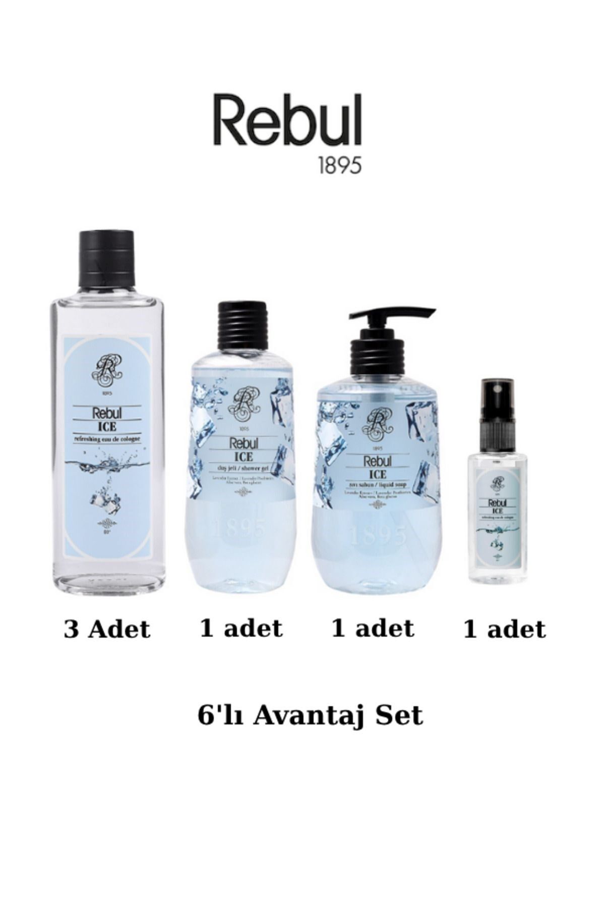 Rebul Ice (Buz) 6’lı Set: 3x250ml Cam Şişeli Kolonya, 500ml Duş Jeli, 500ml Sıvı Sabun, 125ml Sprey