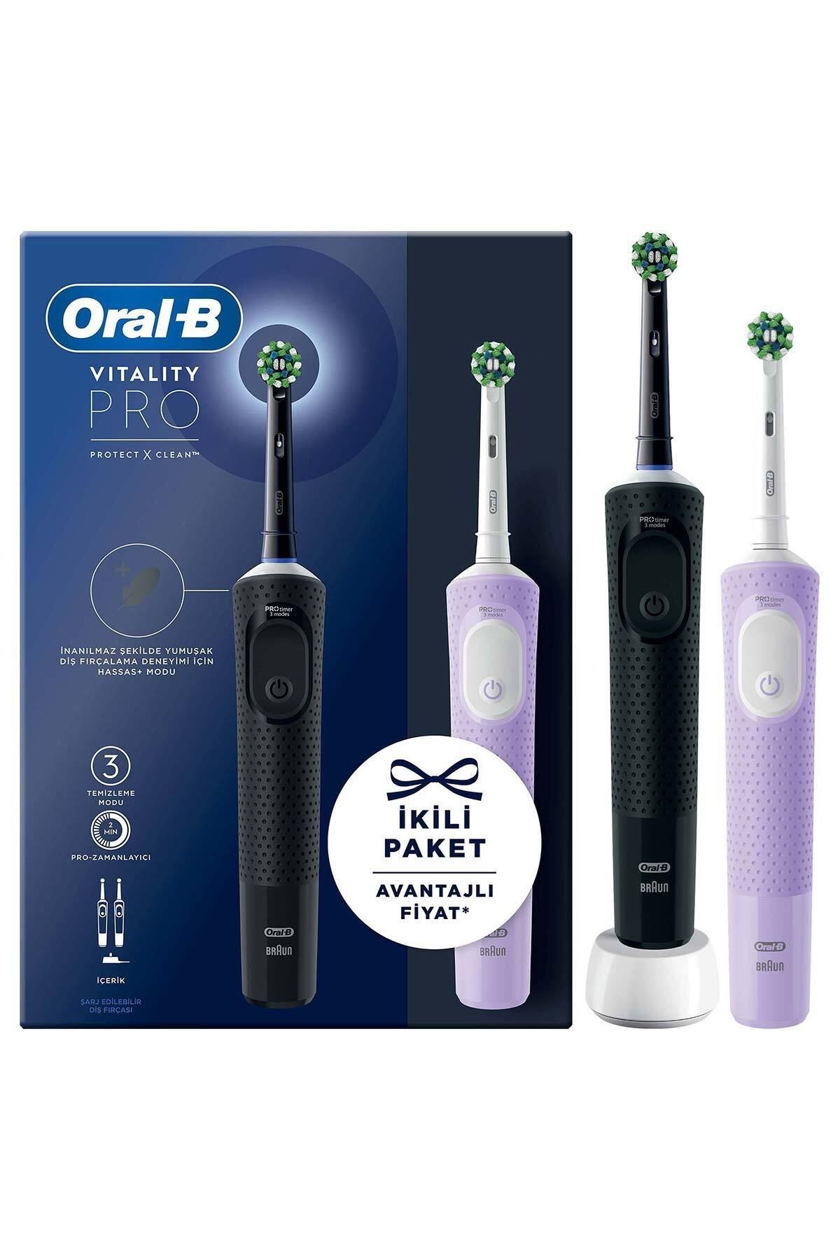 Oral-B D103 Şarjlı/elektrikli Diş Fırçası Vitality Pro 2'li Siyah&lila Avantaj Paketi