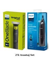Philips QP2724/10 Oneblade Yüz Şekillendirici, NT1650 Burun/Kulak Kıl, Tüy Temizleme 2'li Set
