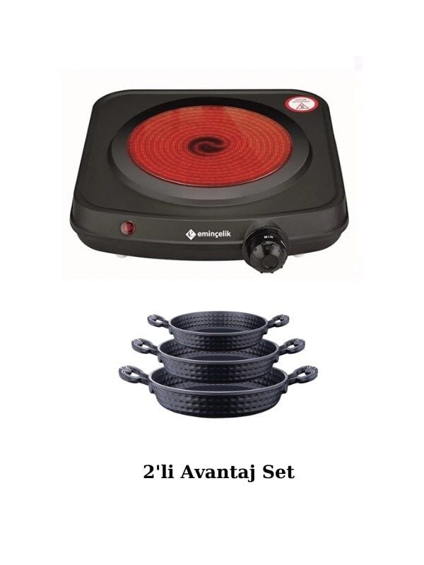 Eminçelik Ec-sü Vcb 01 1200w Set Üstü Tekli Seramik Camlı Siyah Elektrikli Ocak, Döküm Sahan Seti