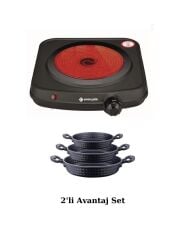 Eminçelik Ec-sü Vcb 01 1200w Set Üstü Tekli Seramik Camlı Siyah Elektrikli Ocak, Döküm Sahan Seti