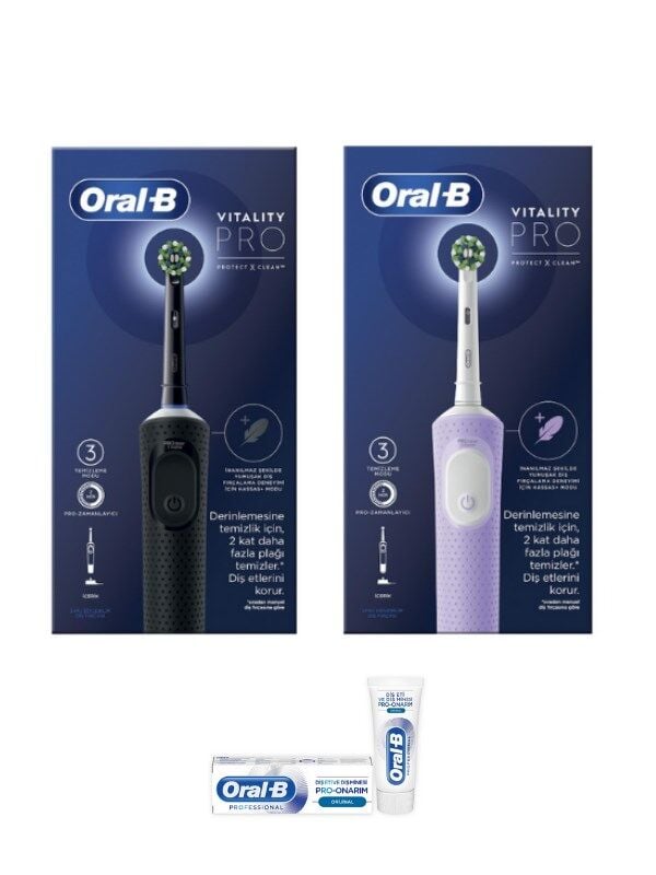 Oral-B D103 Vitality Pro Cross Action Şarjlı Elektrikli Diş Fırçası Siyah-Lila, Diş Macunu 50ml Set