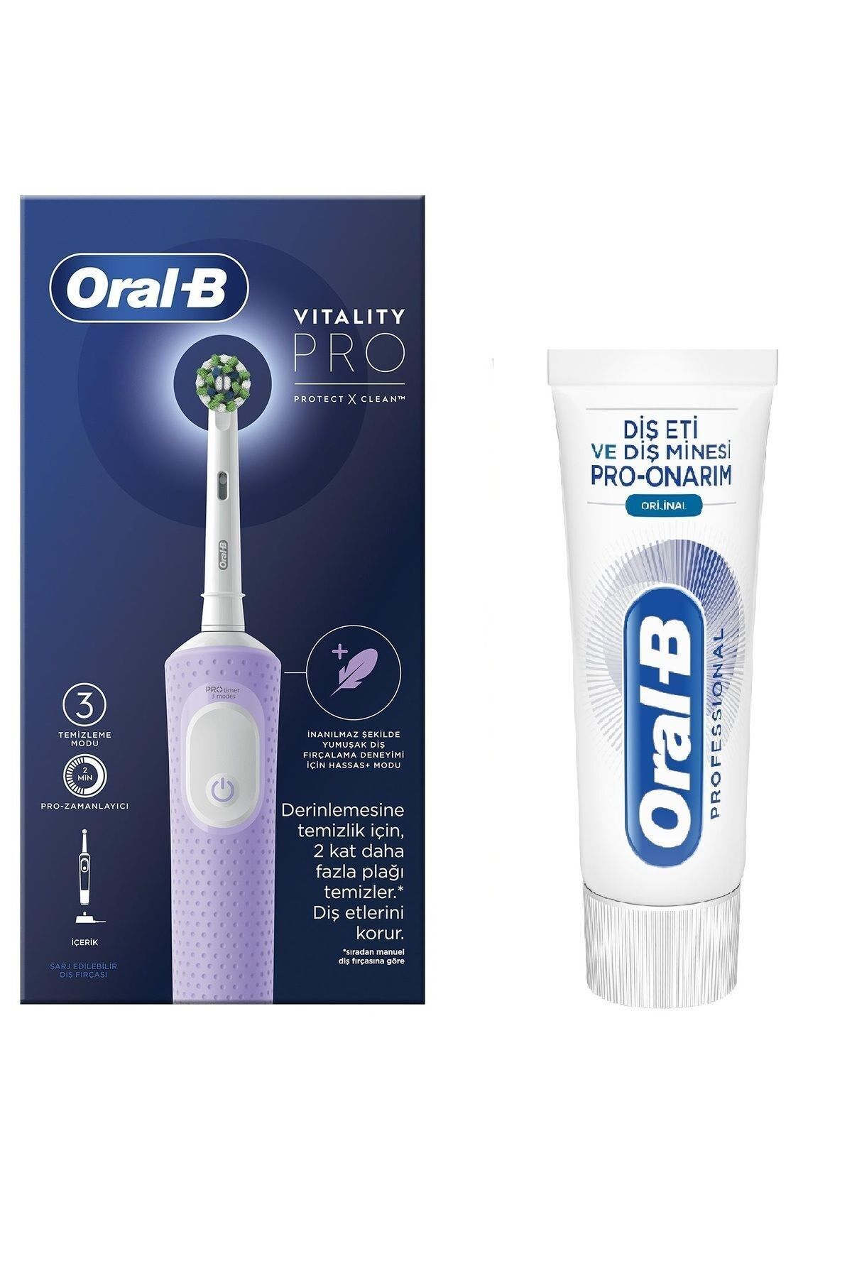 Oral-B Şarjlı Elektrikli Diş Fırçası Vitality Pro Lila +Oral-B Pro Onarım 50ML Diş Macunu