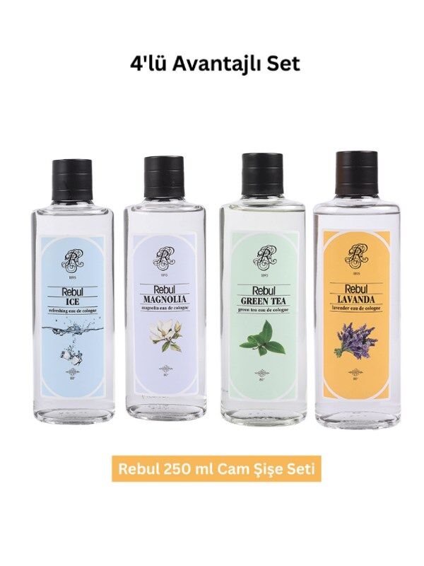 Rebul 250 ml Cam Şişe Kolonya Seti – Ice, Magnolia, GreenTea, Lavanta