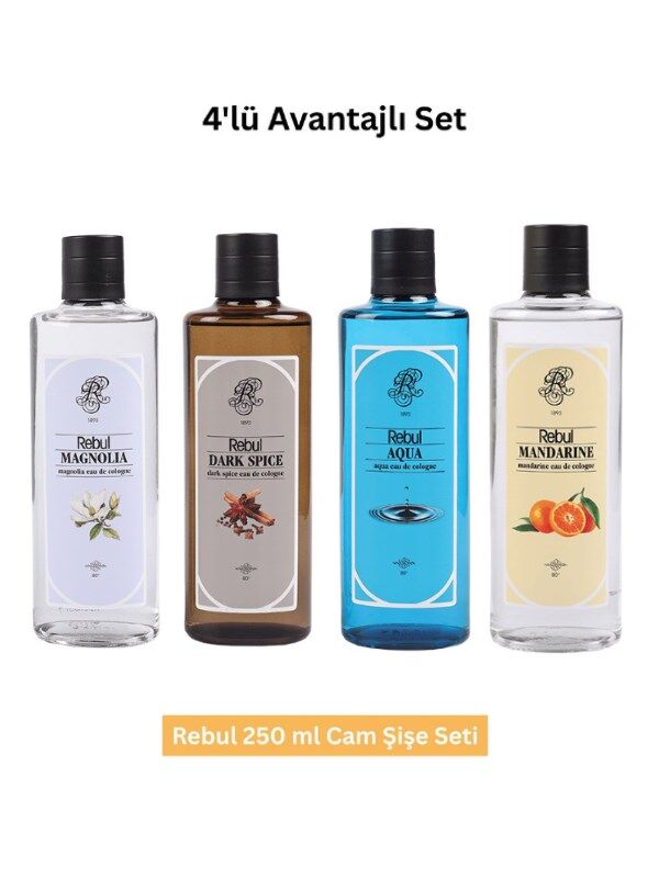 Rebul 250 ml Cam Şişeli Kolonya Seti Magnolia - Dark Spice - Aqua - Mandarine