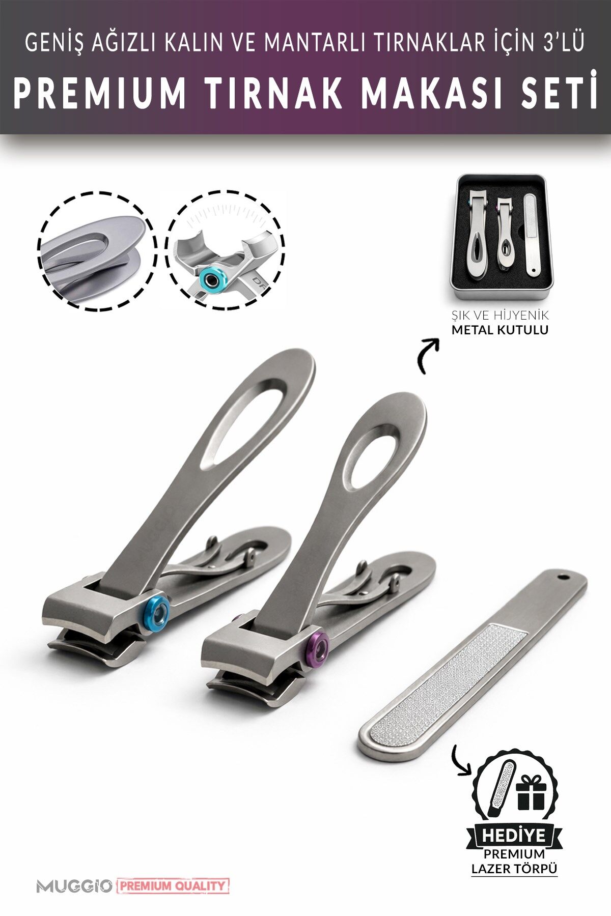 Muggio Ultra Geniş Ağızlı Tırnak Makası Seti 3 Parça | Kalın ve Mantarlı Tırnaklar İçin