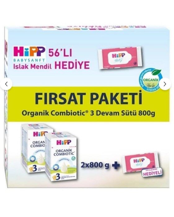 Hipp 3 Organik Bebek Sütü Combiotic 800 gr X 2 Adet Avantaj Paketi (Islak Mendil Hediyeli)