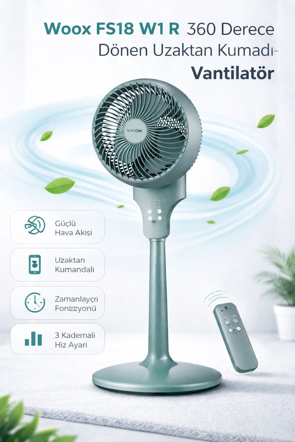 Woox FS18 W1 R 360 Derece Dönen Uzaktan Kumandalı Vantilatör