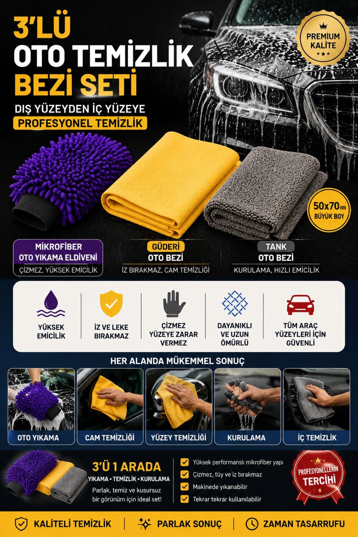 Muggio 3’lü Profesyonel Oto Temizlik Seti Mikrofiber Eldiven + Güderi Bez + Tank Oto Bezi