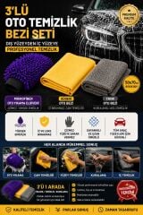 Muggio 3’lü Profesyonel Oto Temizlik Seti Mikrofiber Eldiven + Güderi Bez + Tank Oto Bezi