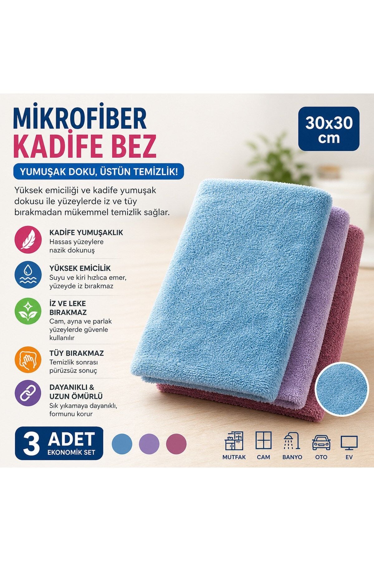 Muggio 30x30 Düz Mikrofiber Kadife Temizlik Bezi 3’lü Set – Ultra Yumuşak, İz & Tüy Bırakmaz