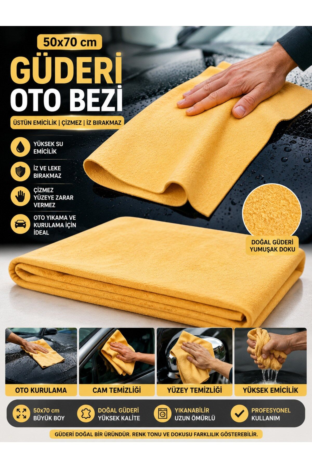 Muggio 50x70 Sentetik Güderi Oto Kurulama Bezi Süper Emici İz Bırakmaz Araç Temizlik Bezi 1 Adet