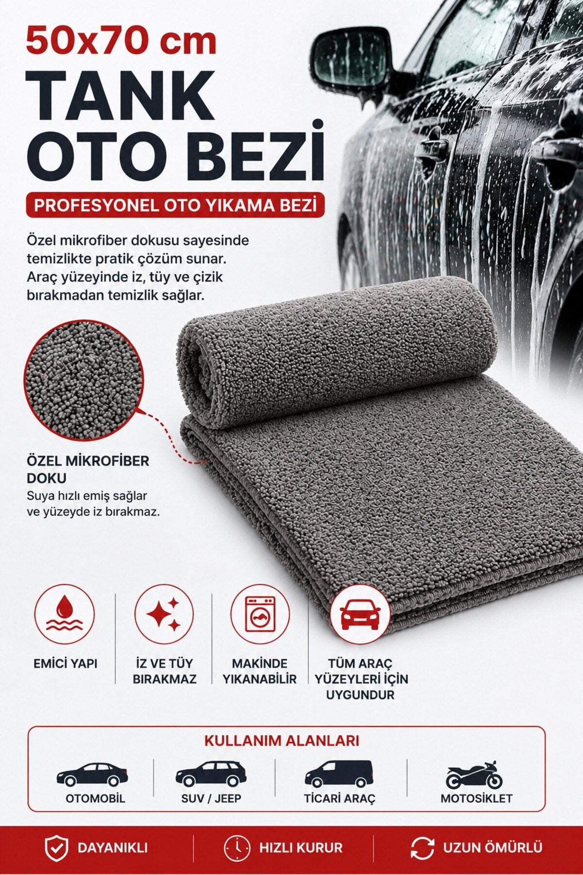 Muggio 50x70 Oto Yıkama & Kurulama Bezi – Mikrofiber, Süper Emici, Leke Tüy Bırakmaz, Tank Oto Bezi