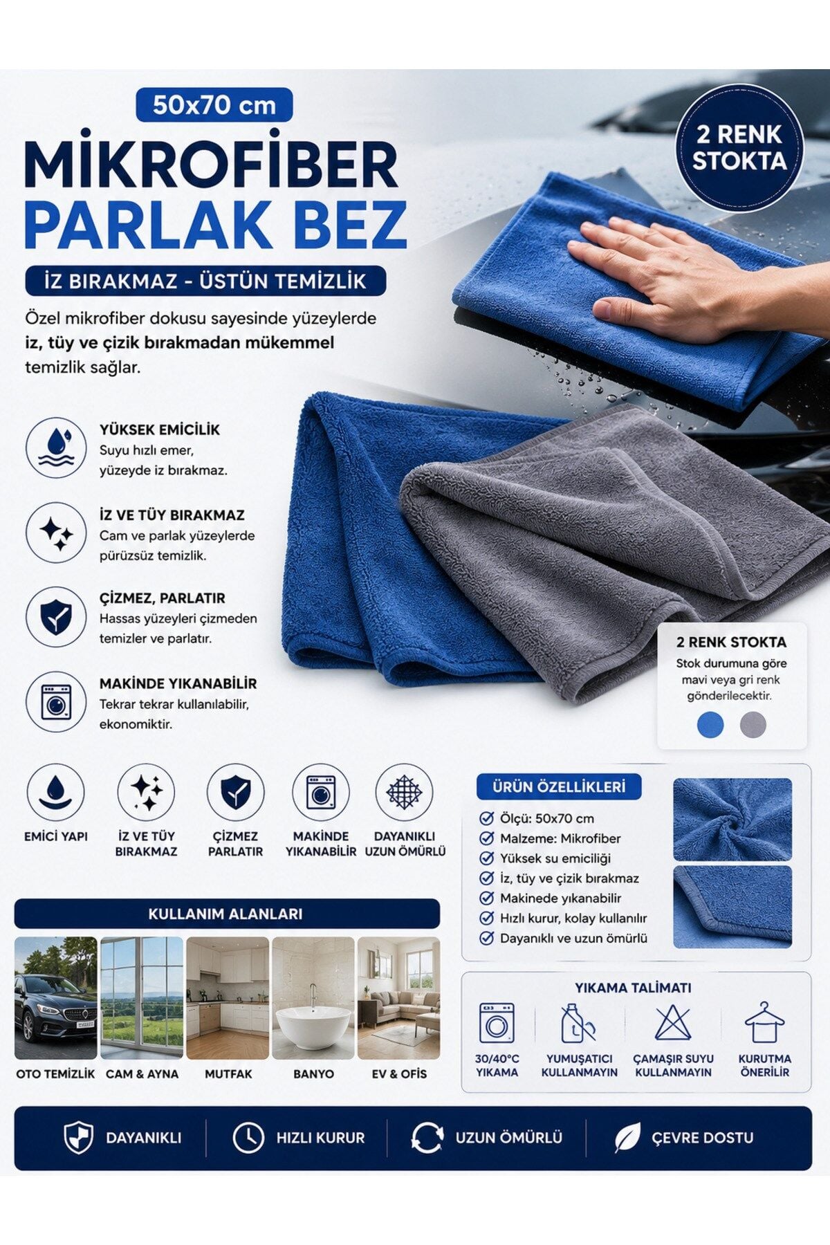 Muggio 50x70 Mikrofiber Parlak Bez Oto Kurulama Temizlik Bezi İz Tüy Hav Bırakmaz 1 Adet