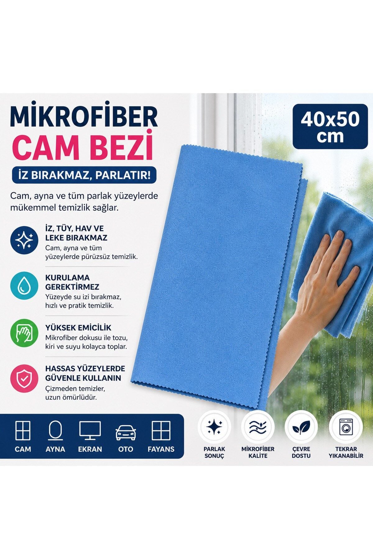 Muggio 40x50 Mikrofiber Cam Bezi, Cam Silme Bezi İz Tüy Hav Bırakmaz Ayna Parlatma Bezi 1 Adet