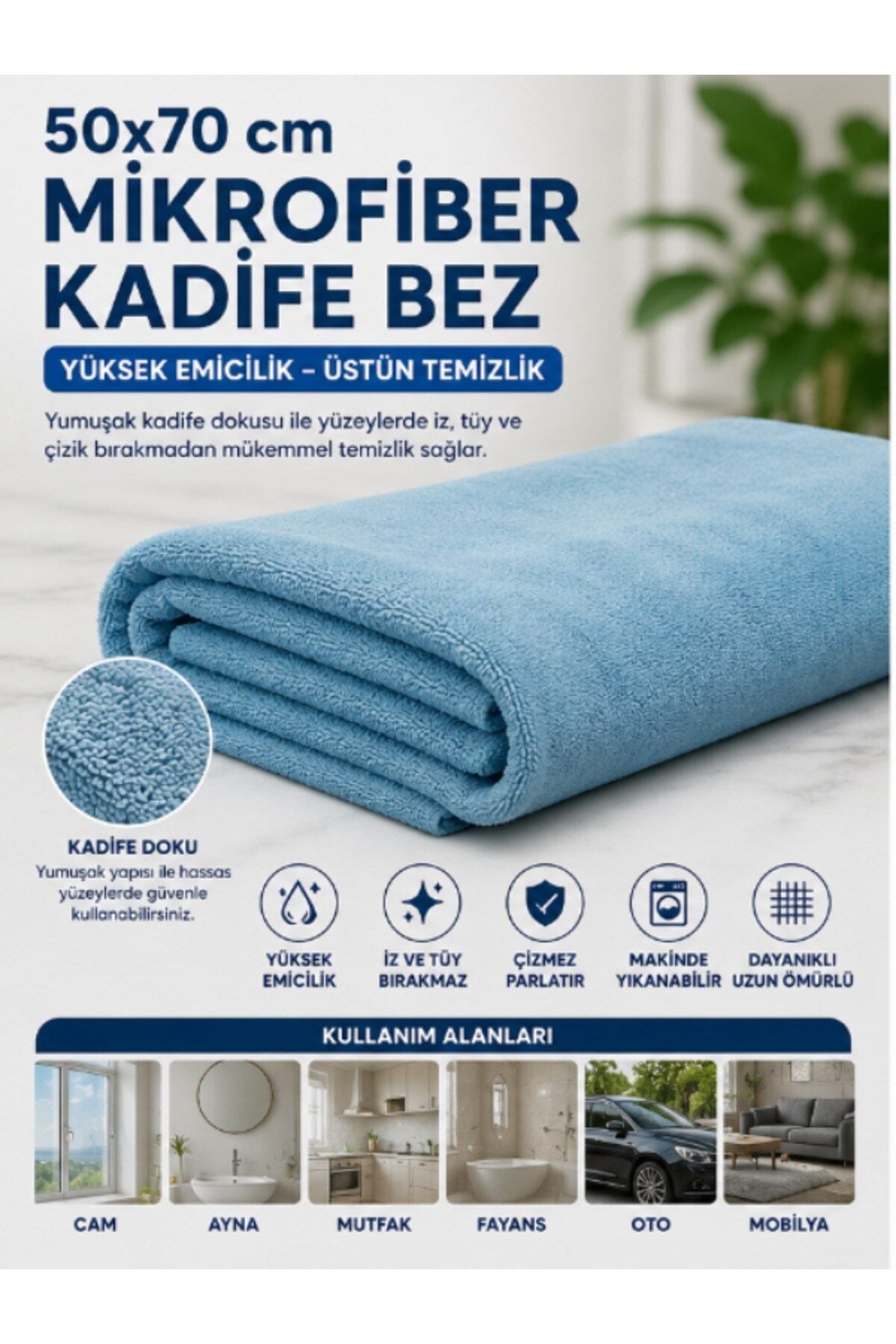 Muggio 50x70 Mikrofiber Kadife Bez Oto Kurulama Temizlik Bezi İz Tüy Hav Bırakmaz