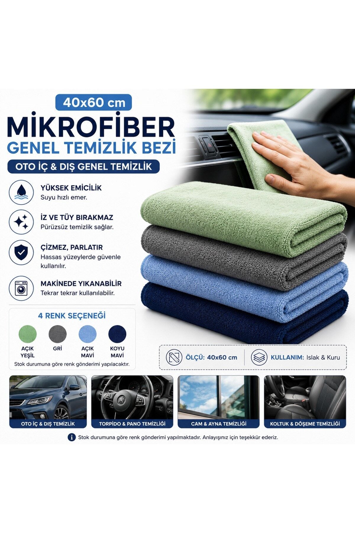 Muggio 40x60 Mikrofiber Genel Temizlik Bezi Oto İç Dış Temizlik Bezi İz Tüy Hav Bırakmaz 1 Adet