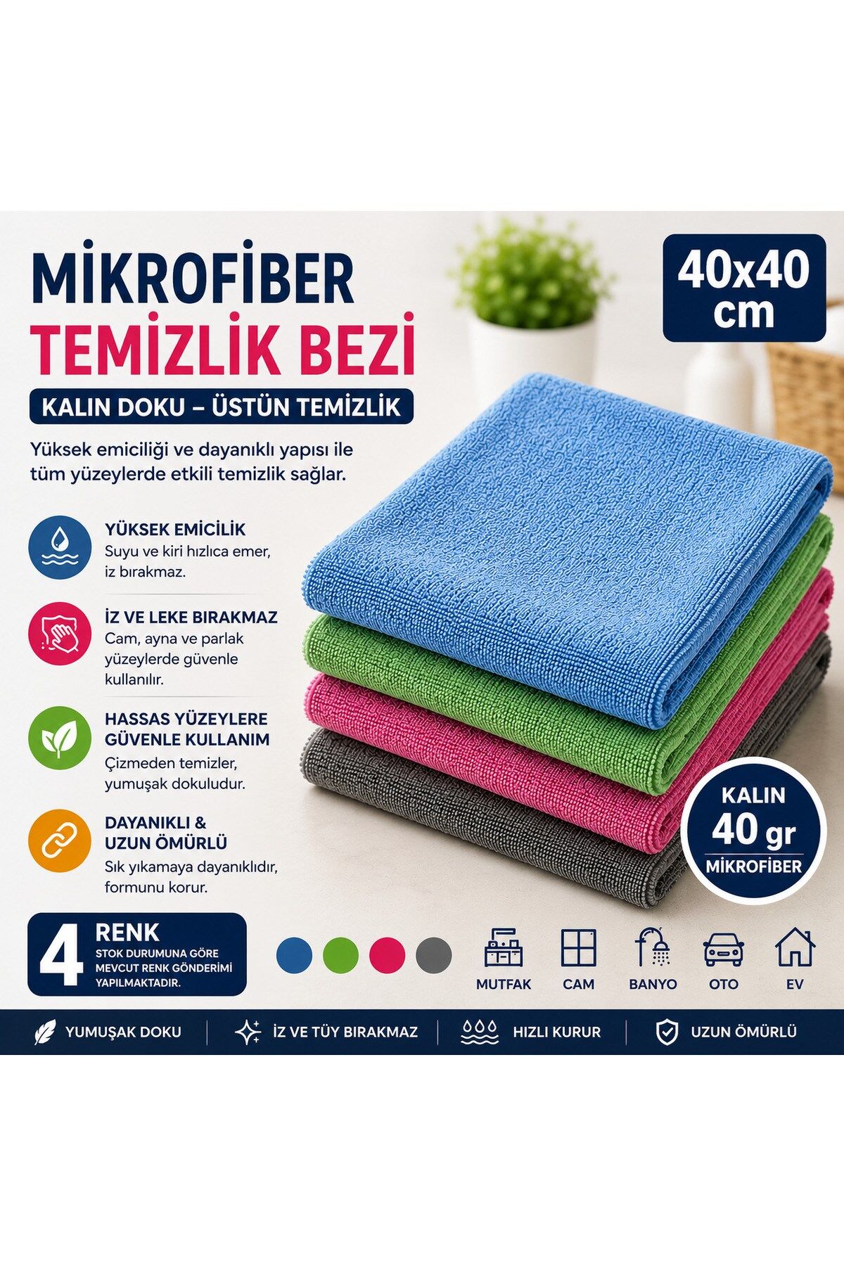 Muggio 40x40 Mikrofiber Temizlik Bezi Kalın Doku Cam Silme Oto Kurulama Bezi Tüy Bırakmaz, 1 Adet