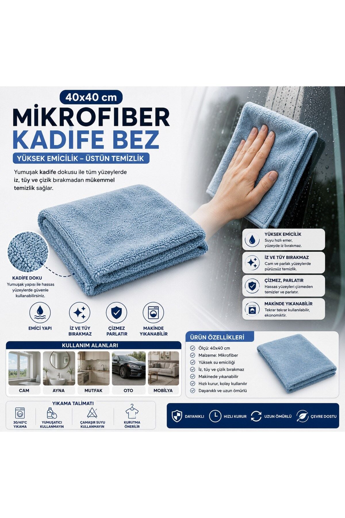 Muggio 40x40 Mikrofiber Kadife Bez Oto Kurulama Temizlik Bezi İz Tüy Hav Bırakmaz 1 Adet