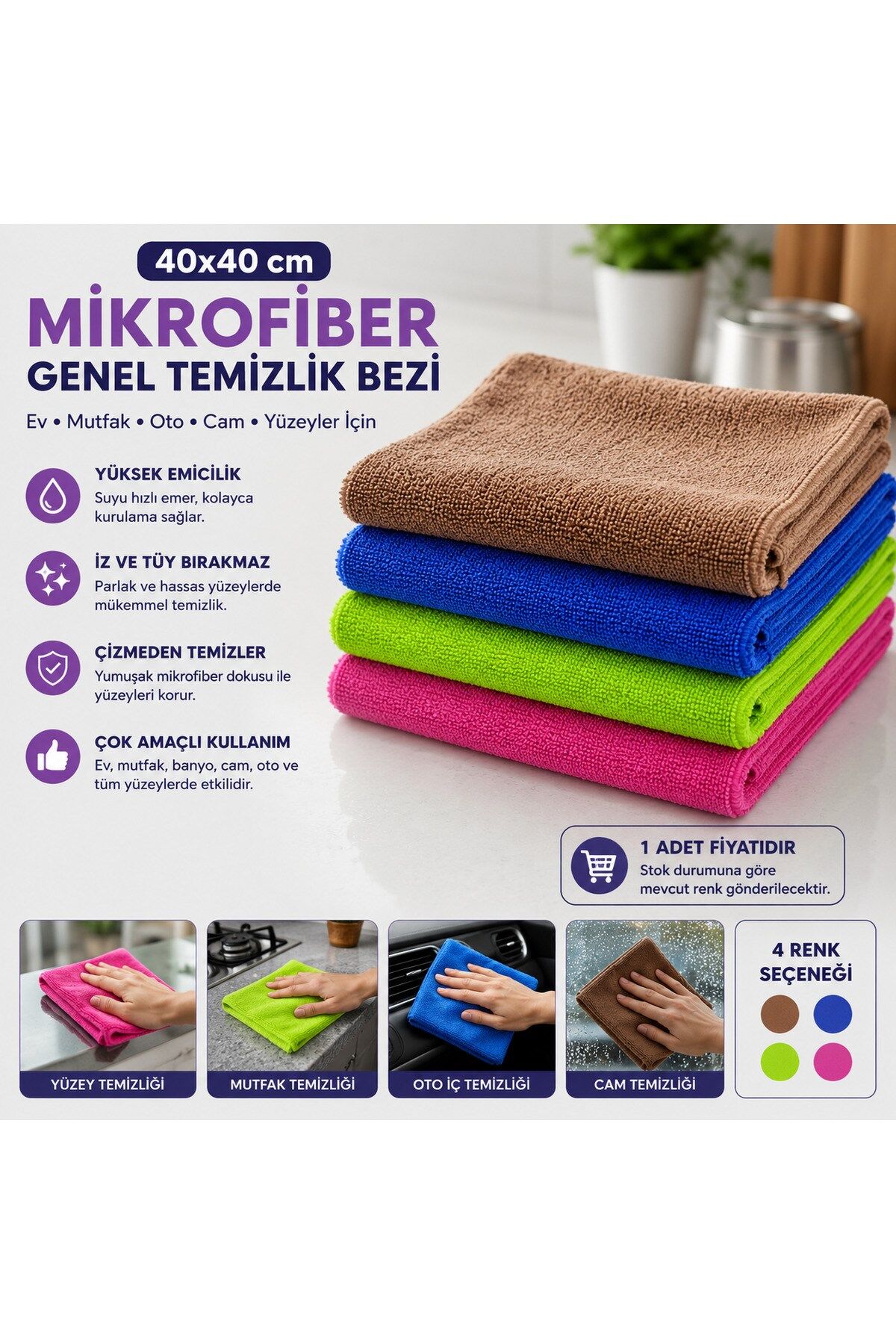 Muggio 40x40 Mikrofiber Genel Temizlik Bezi Oto Mutfak Cam Temizlik Bezi İz Tüy Bırakmaz 1 Adet