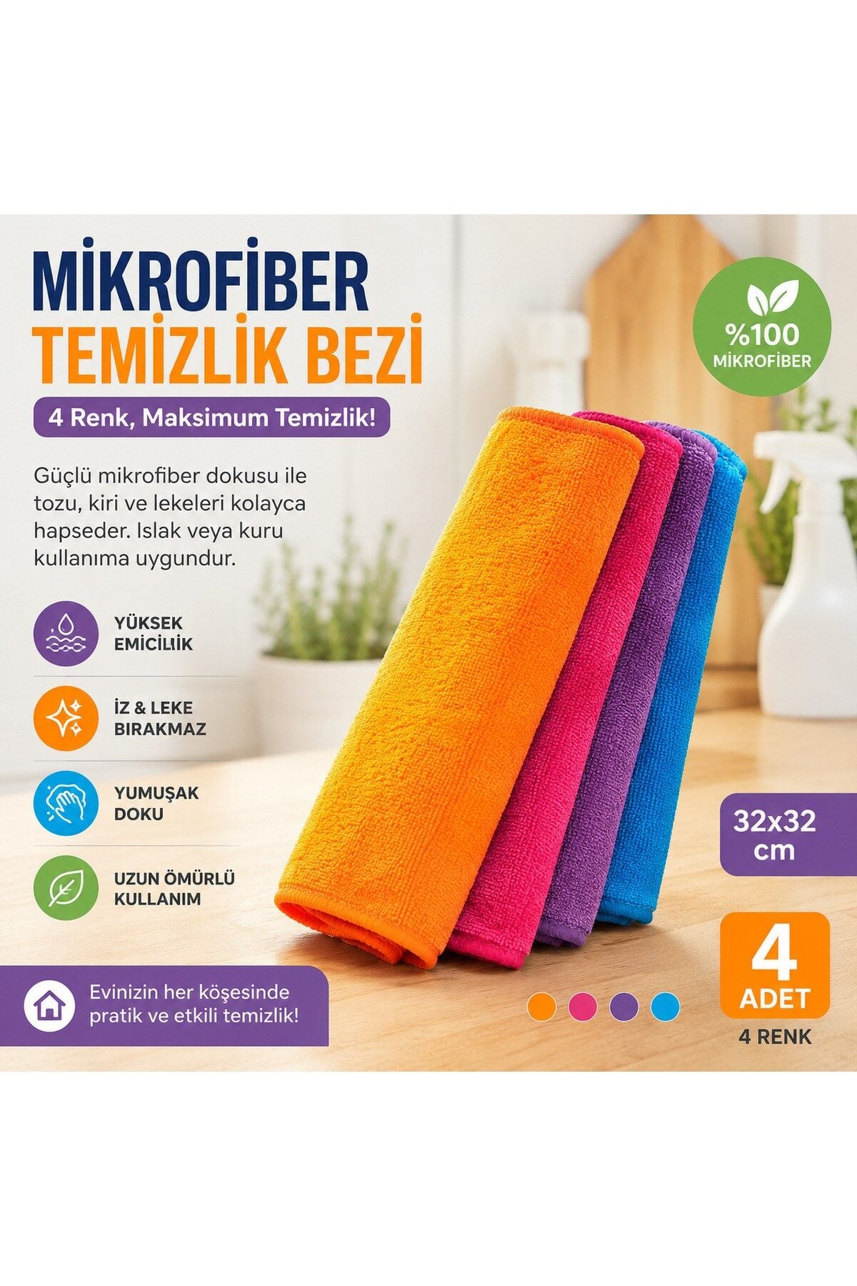 Muggio 32x32 Mikrofiber Temizlik Bezi 4’lü Set – 4 Renk, Yüksek Emicilik, Leke Tutmaz, Koku Yapmaz
