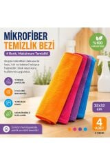 Muggio 32x32 Mikrofiber Temizlik Bezi 4’lü Set – 4 Renk, Yüksek Emicilik, Leke Tutmaz, Koku Yapmaz