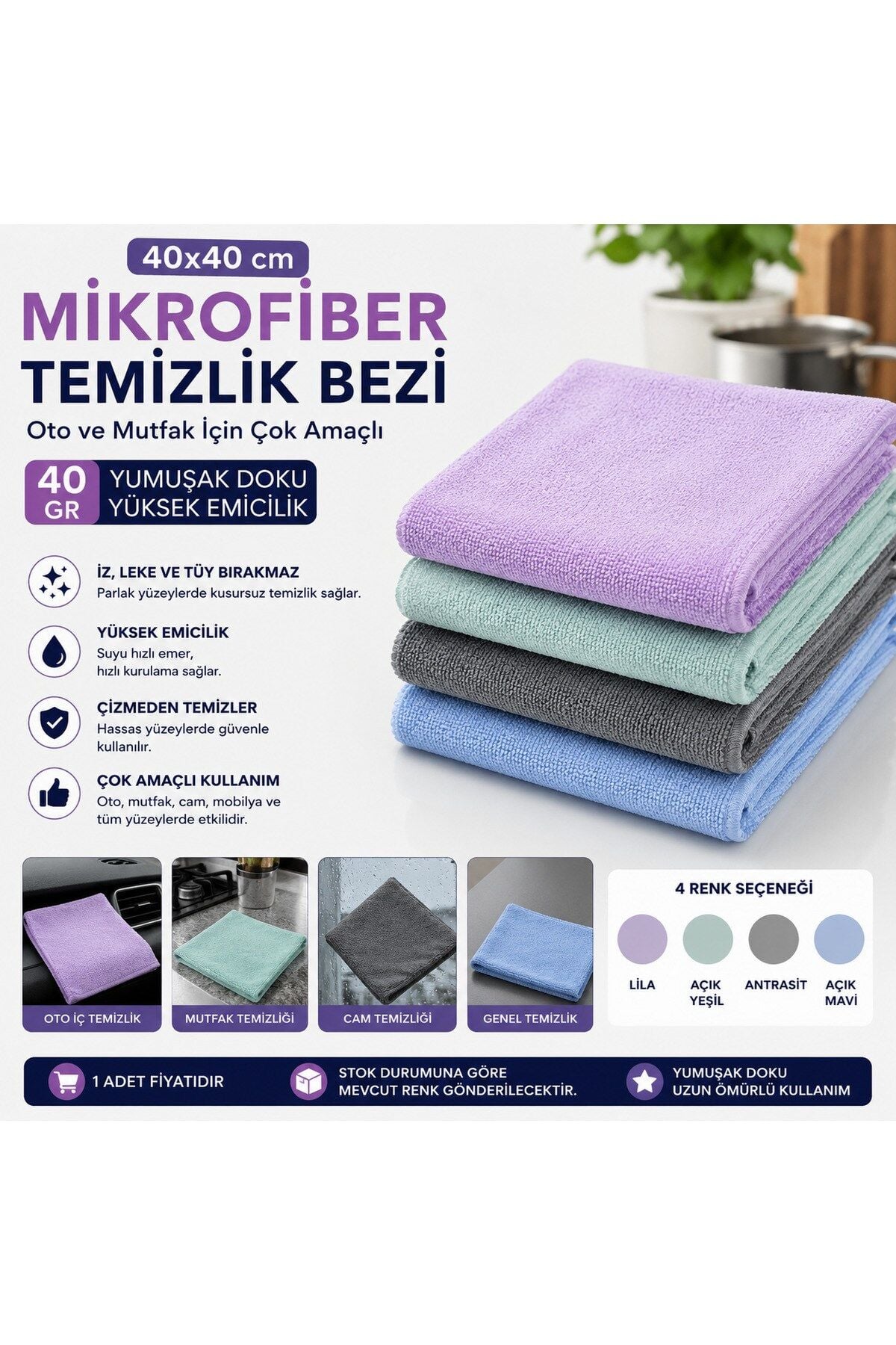 Muggio 40x40 Mikrofiber Oto ve Mutfak Genel Temizlik Bezi 40gr İz Tüy Bırakmaz Çok Amaçlı Bez 1 Adet