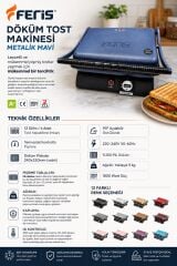 Feris Metalik Mavi Döküm Tost Makinesi 1800W Termostatlı Pik Döküm 6 Tost Kapasiteli
