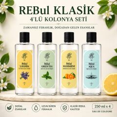 Rebul 4’lü Cam Şişe Kolonya Seti 250 ml | Lavanda, Green Tea, Mandarine, Aqua
