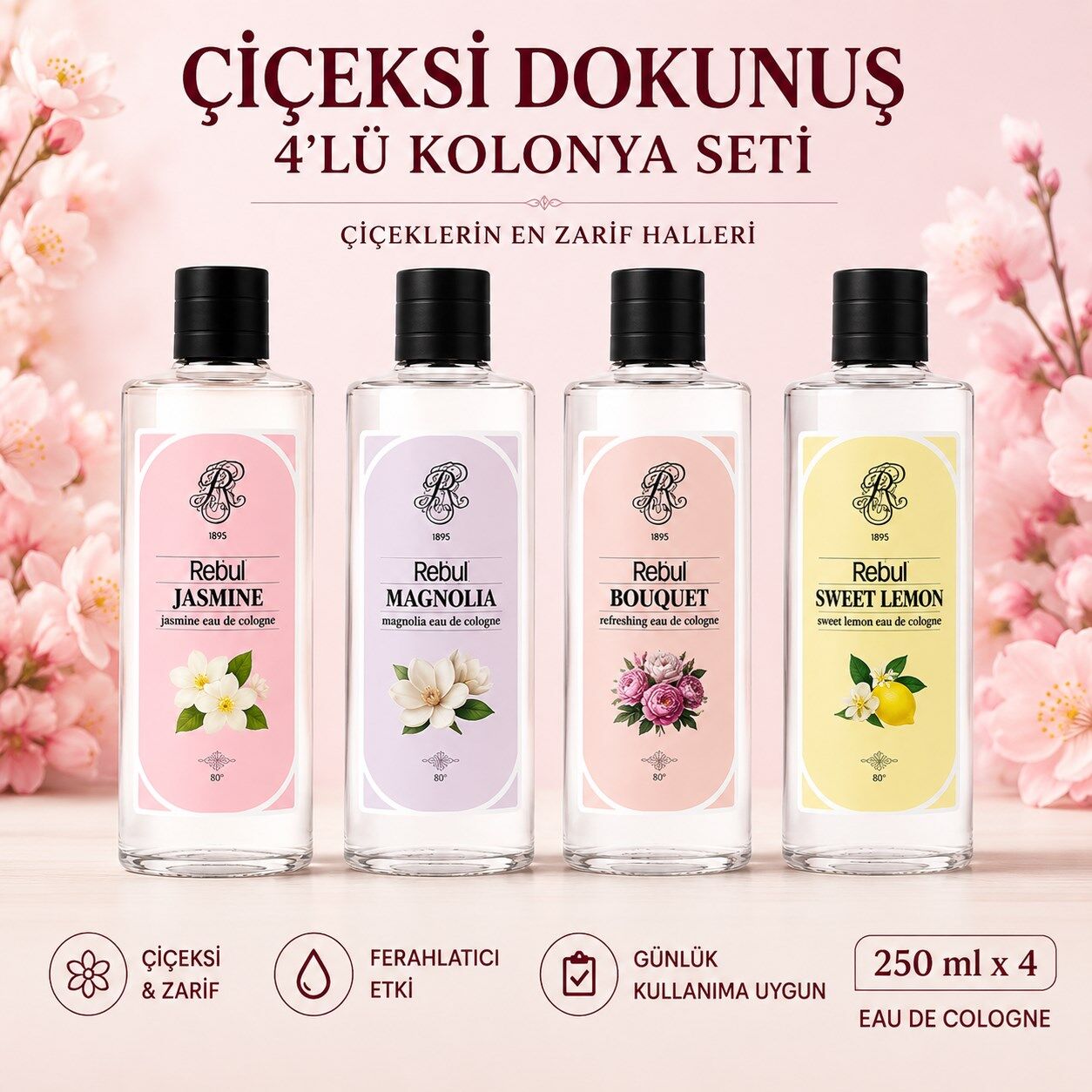 Rebul Çiçeksi 4’lü Cam Şişe Kolonya Seti 250 ml | Jasmine, Magnolia, Bouquet, Sweet Lemon