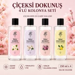 Rebul Çiçeksi 4’lü Cam Şişe Kolonya Seti 250 ml | Jasmine, Magnolia, Bouquet, Sweet Lemon
