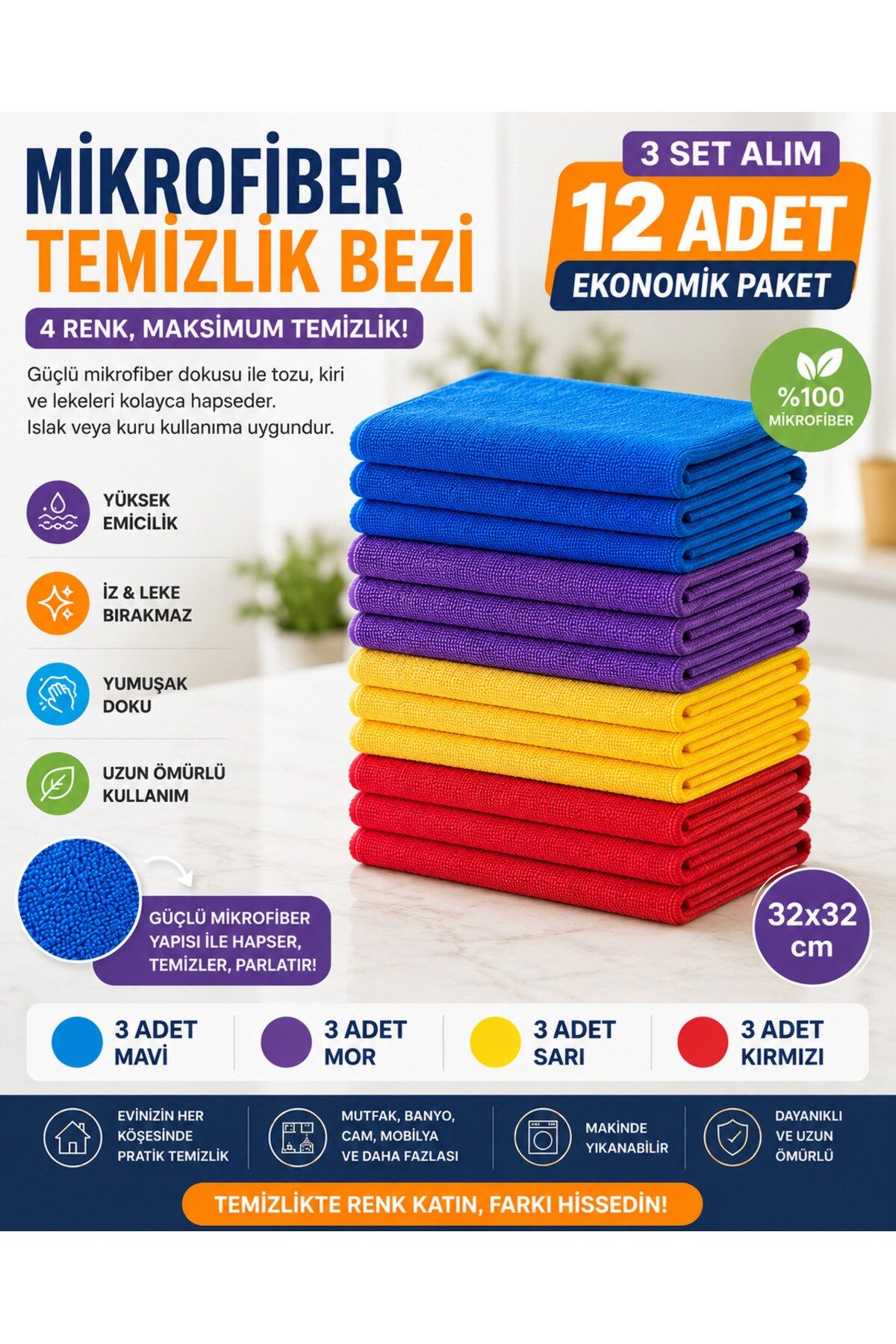 Muggio 32x32 Mikrofiber Temizlik Bezi 12'li Set – 4 Renk, Yüksek Emicilik, Leke Tutmaz, Koku Yapmaz
