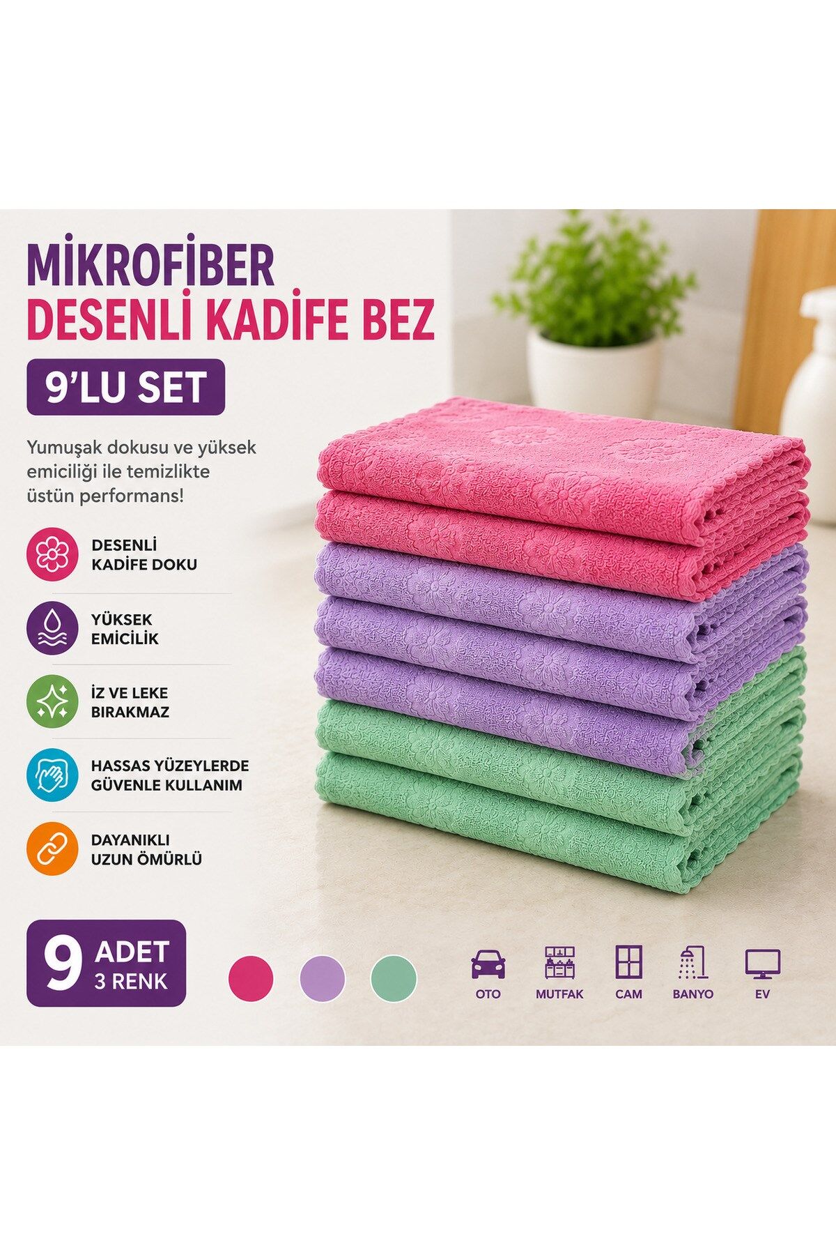 Muggio 30x30 Mikrofiber Desenli Kadife Temizlik Bezi 9'lu Set – Yumuşak, İz Bırakmaz
