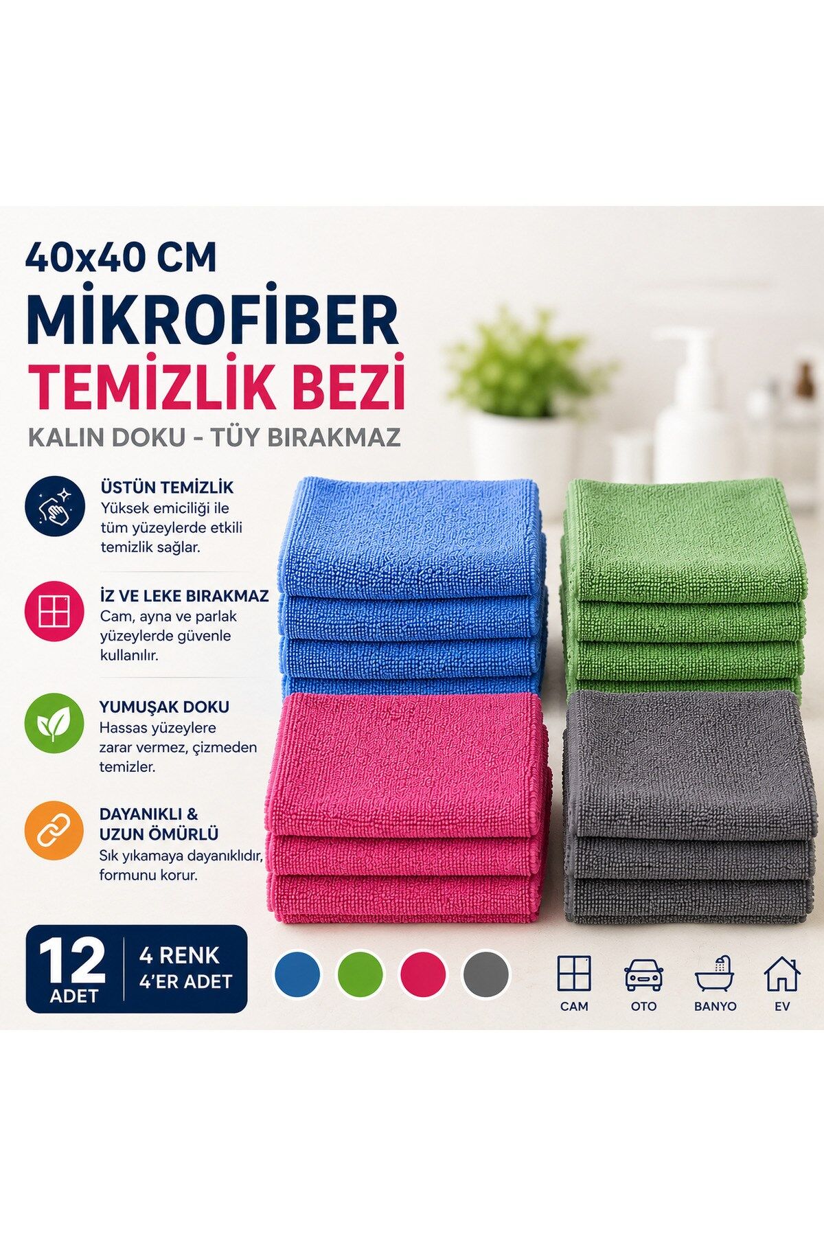 Muggio 40x40 Mikrofiber Temizlik Bezi Kalın Doku Cam Silme Oto Kurulama Bezi Tüy Bırakmaz, 12 Adet
