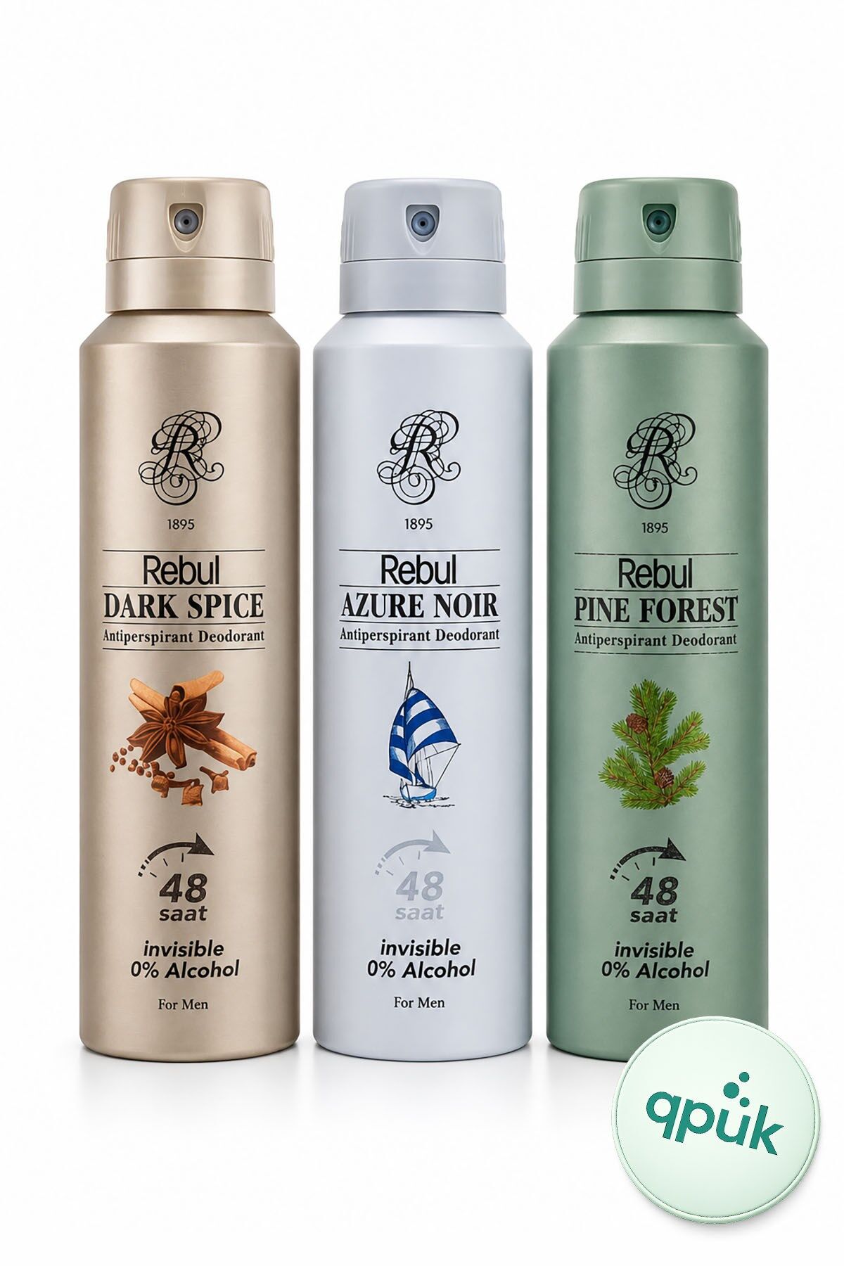 Rebul Erkek Deodorant Seti Alkolsüz 3x150ml Dark Spice Azure Noir Pine Forest Invisible