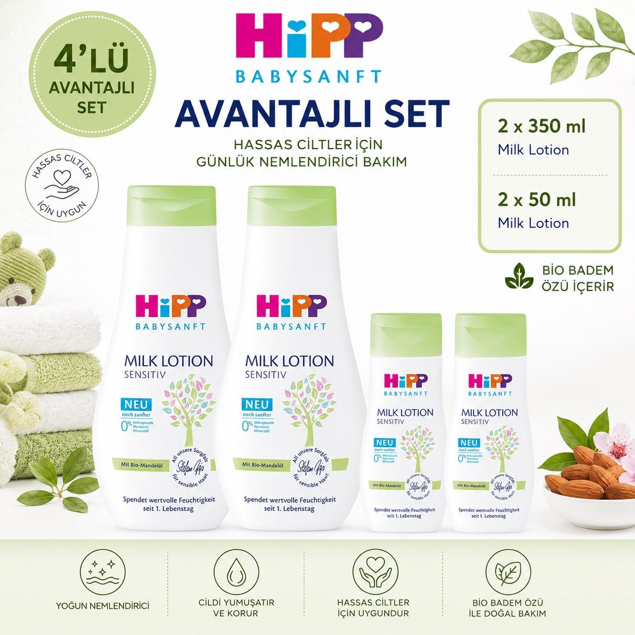 HiPP Babysanft Milk Lotion 2x350 ml + 2x50 ml Hassas Cilt Nemlendirici Losyon 4'lü Set